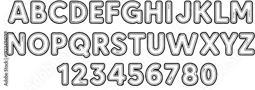 Outlined alphabet and numbers in a playful, bubbly font, presented in rows