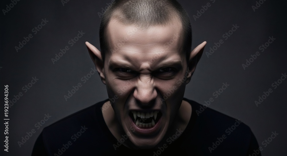 Fototapeta premium Furious Vampire Sharp Fangs and Piercing Gaze in Dark Portrait.