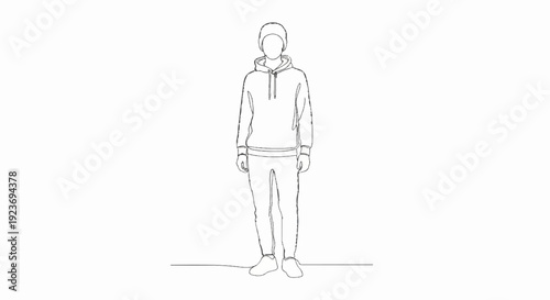 Single line drawing of a person wearing a hoodie and pants