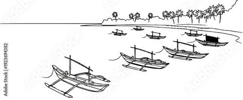 Outrigger canoes dot a calm tropical bay with palm trees lining the shore