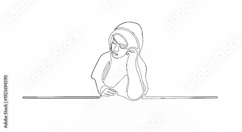 Single line sketch of a thoughtful person wearing a headscarf