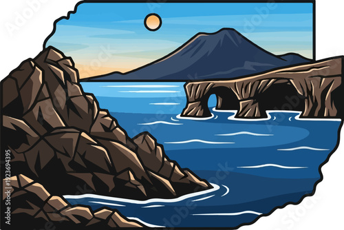 Rugged coastline with a volcanic mountain and sea arches under a sunset