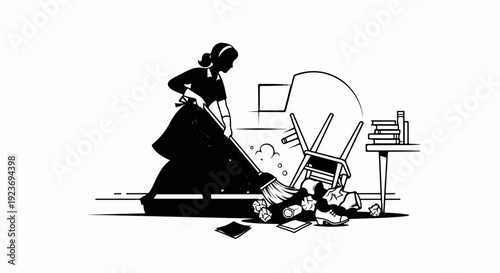 Silhouette of a woman cleaning up a messy room with a broom