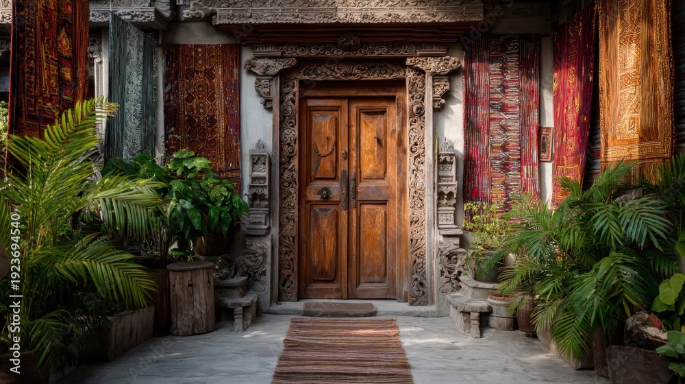 Naklejka premium Ornate carved wooden door in Balinese architecture surrounded by lush tropical plants and vibrant textiles. Traditional Indonesian entrance with inviting red pathway and stone accents