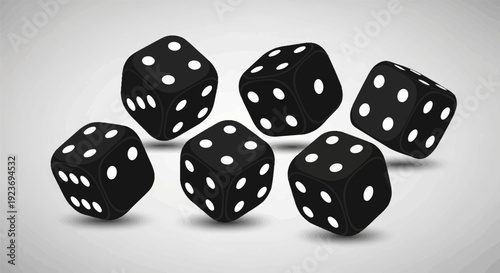 Six black dice with white dots scattered on a light gray surface