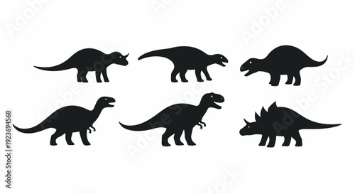 Six black dinosaur silhouettes in various iconic poses on a white background