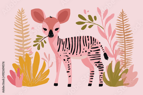 Curious Okapi Reaching for Green Leaves