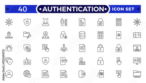 Authentication outline icon set. Identity icon set. Containing ID card, biometric, fingerprint, identification, passport, DNA and authentication icons.