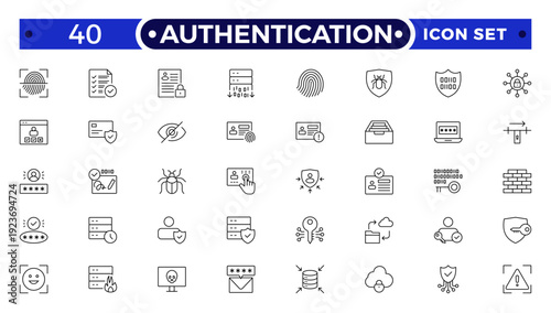 Authentication outline icon set. Identity icon set. Containing ID card, biometric, fingerprint, identification, passport, DNA and authentication icons.