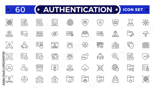 Authentication outline icon set. Identity icon set. Containing ID card, biometric, fingerprint, identification, passport, DNA and authentication icons.