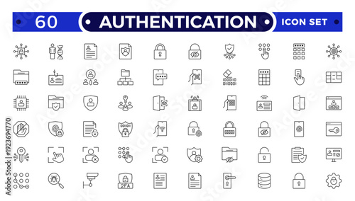 Authentication outline icon set. Identity icon set. Containing ID card, biometric, fingerprint, identification, passport, DNA and authentication icons.