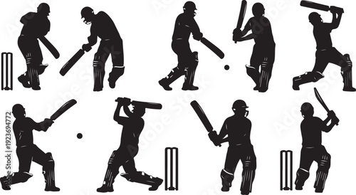 Cricket players in various batting poses and actions silhouettes