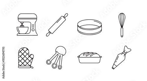 Baking Tools Icons Set: Mixer, Rolling Pin, Whisk, Oven Mitt, Loaf Pan, Piping Bag, Measuring Spoons, Sieve