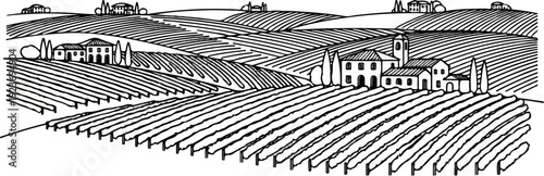Rolling hills with vineyards and Tuscan-style buildings