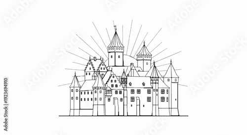 Ornate line drawing of a complex castle with multiple towers and windows, against radiating lines