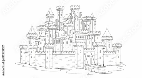 Ornate line drawing of a sprawling, multi-towered medieval castle with a drawbridge