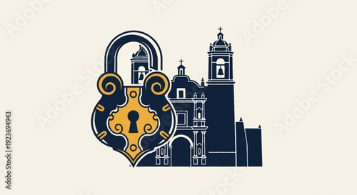 Ornate lock guarding a detailed architectural silhouette of historic buildings