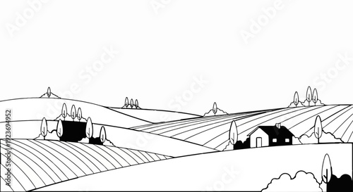 Rolling hills with a small house and cultivated fields in a black and white drawing