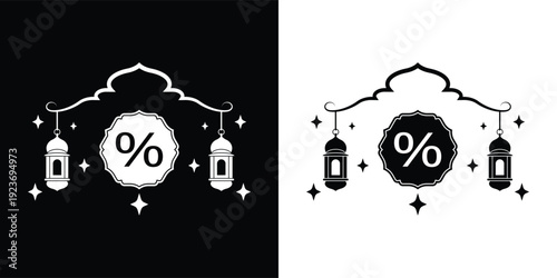 Decorative Ramadan Sale Header with Islamic Lanterns and Percent Seal