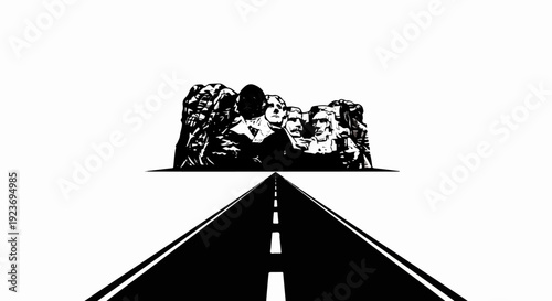 Paved road leads to stylized presidential monument against white background