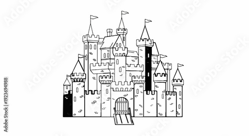 Ornate medieval castle illustration with multiple towers, flags, and a drawbridge