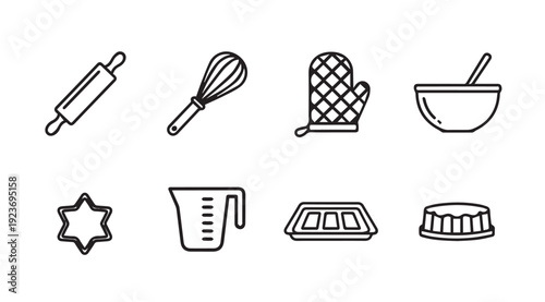 Baking Utensils Line Art Icons Set: Rolling Pin, Whisk, Oven Mitt, Bowl, Cutter, Measuring Cup