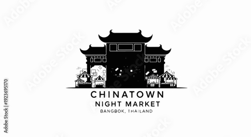 Silhouette of a Chinese-style gate with market stalls and text