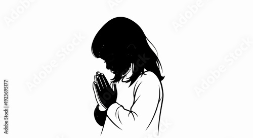 Silhouette of a child with eyes closed, hands clasped in prayer
