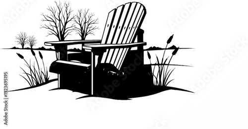 Silhouette of an empty Adirondack chair in a snowy landscape with bare trees