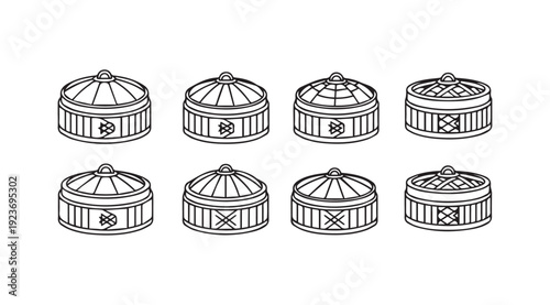 Bamboo Steamer Baskets Collection Line Art Illustration