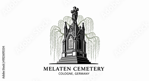 Ornate monument with weeping willow and cross