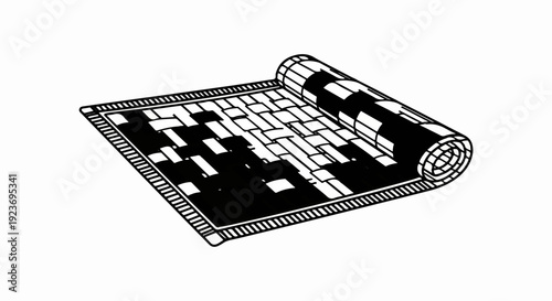 Rolled-up rug with a geometric woven pattern and tasseled edge