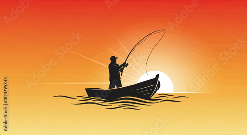 Silhouette of angler casting line from boat at sunrise over water