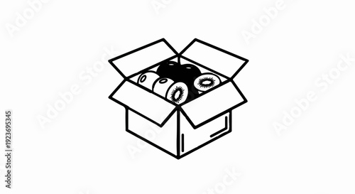 Open cardboard box filled with sliced and whole kiwi fruits