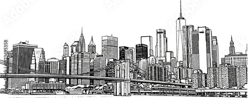 Pen and ink sketch of a sprawling city skyline with a prominent bridge