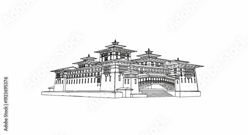 Ornate multi-tiered building with multiple roofs and a central bridge