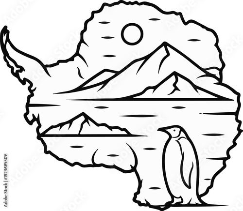 Penguin and icy landscape silhouette within Antarctic continent outline
