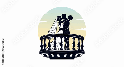 Silhouette of bride and groom embracing on a balcony with sunset sky