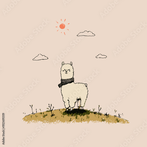 Cute Alpaca With Scarf on Hill