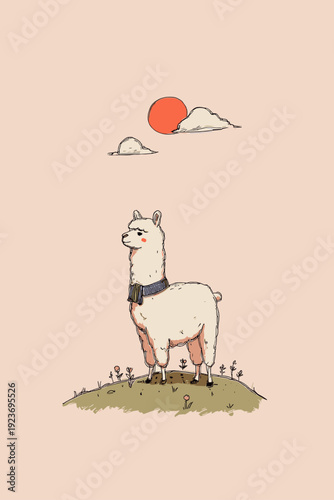 Cute Alpaca With Scarf on Hill