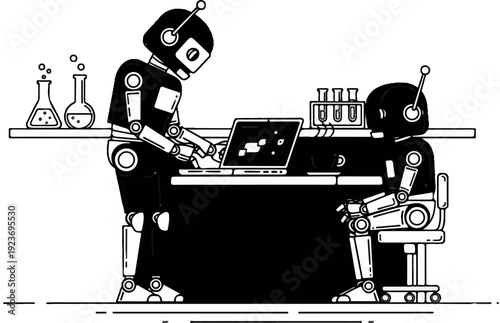 Robots in a laboratory setting, one using a laptop while another sits