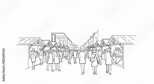 People browse stalls lined up on a street with buildings in background