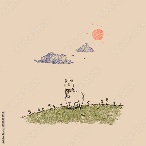 Cute Alpaca With Scarf on Hill
