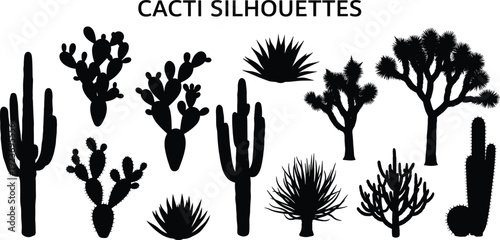 Diverse Collection of Cacti Silhouettes Featuring Saguaro Prickly Pear and Joshua Trees Isolated on White Background for Desert Themed Graphic Design Projects