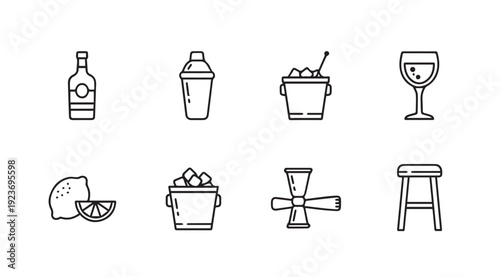 Barware Icons: Bottle, Shaker, Ice Buckets, Jigger, Wine Glass, Lemon, Stool