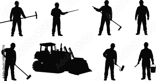 Black silhouettes of construction workers with tools and heavy machinery bulldozer isolated on white background for industrial building and labor design