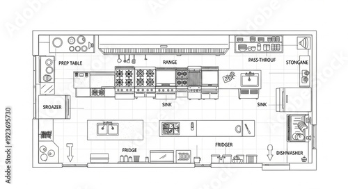 Detailed architectural blueprint of a commercial kitchen layout with equipment.