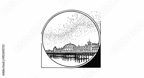 Ornate pier with domed structures beneath a starry sky within a circular frame