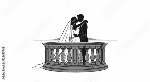 Silhouette of a bride and groom kissing on a balcony with mountains in background