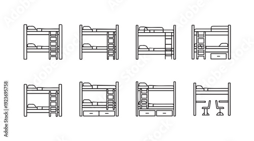 Bunk Bed Icons Set Vector Line Art Illustration Style